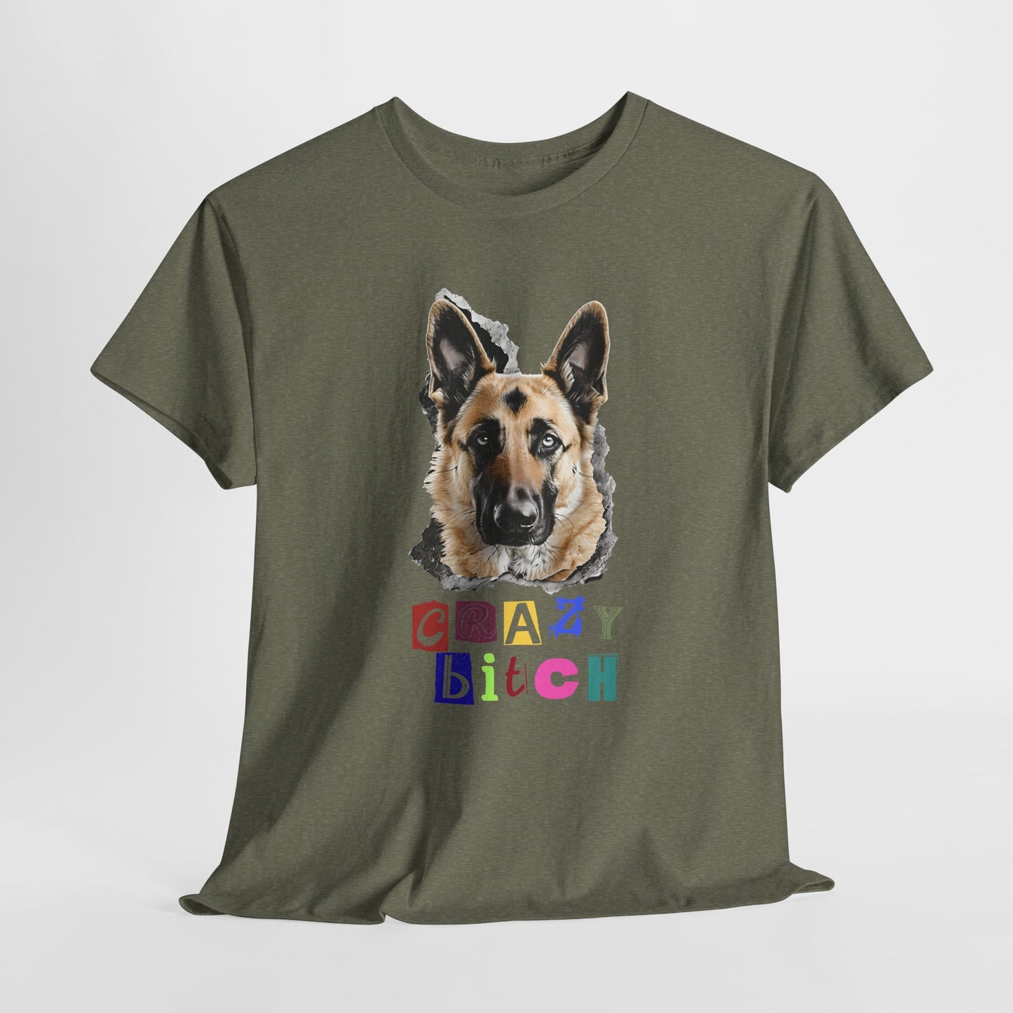 Green t-shirt with a dog graphic and colorful text on a white background