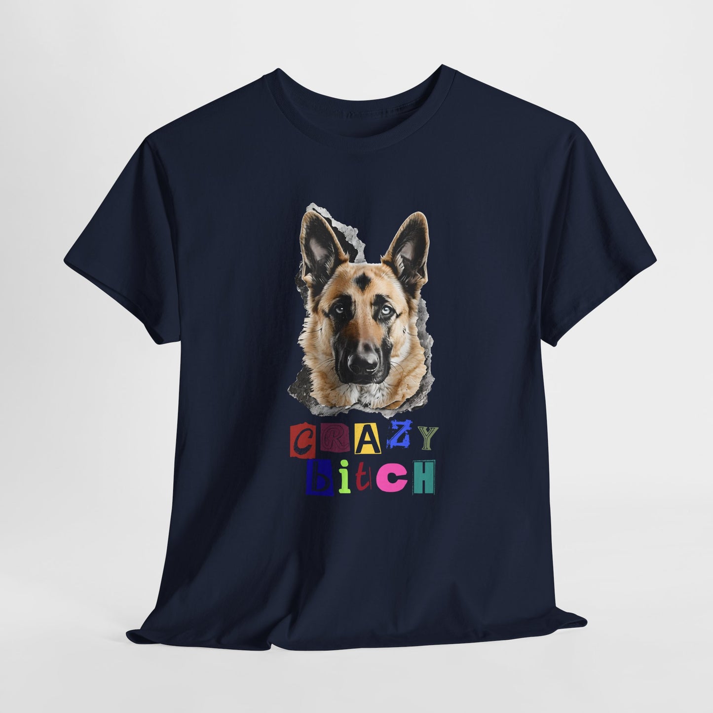 Navy blue t-shirt with a dog graphic and colorful text on a light gray background