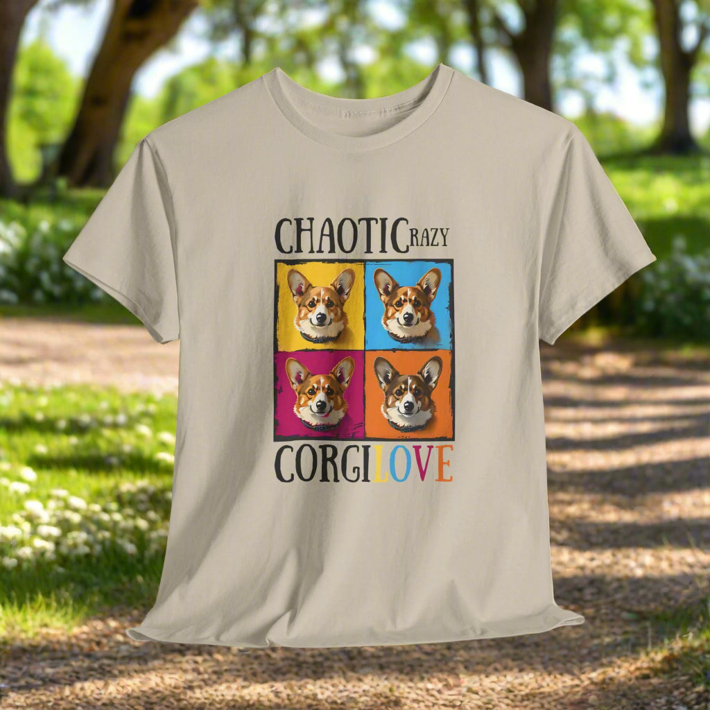 Sand t-shirt with colorful corgi graphic and text on a white background