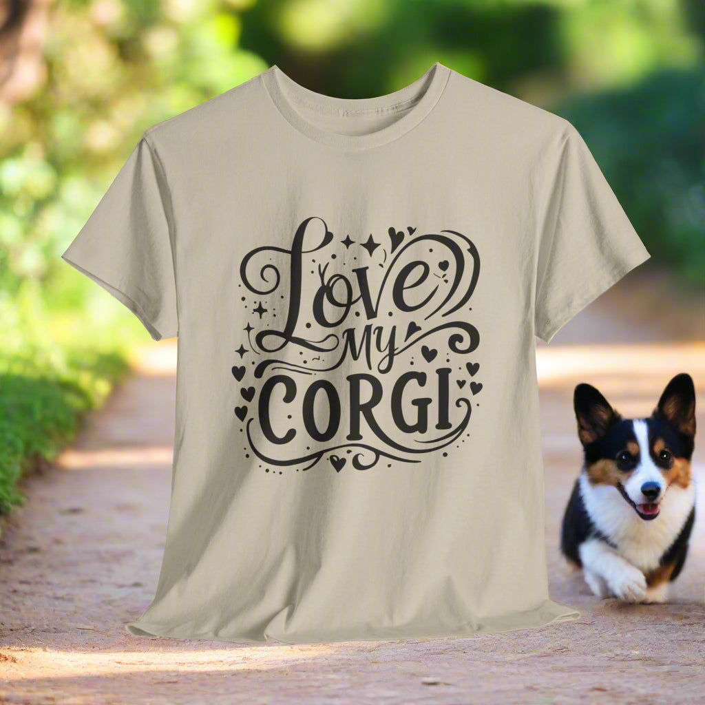Sand t-shirt with 'Love my Corgi' text on a white background