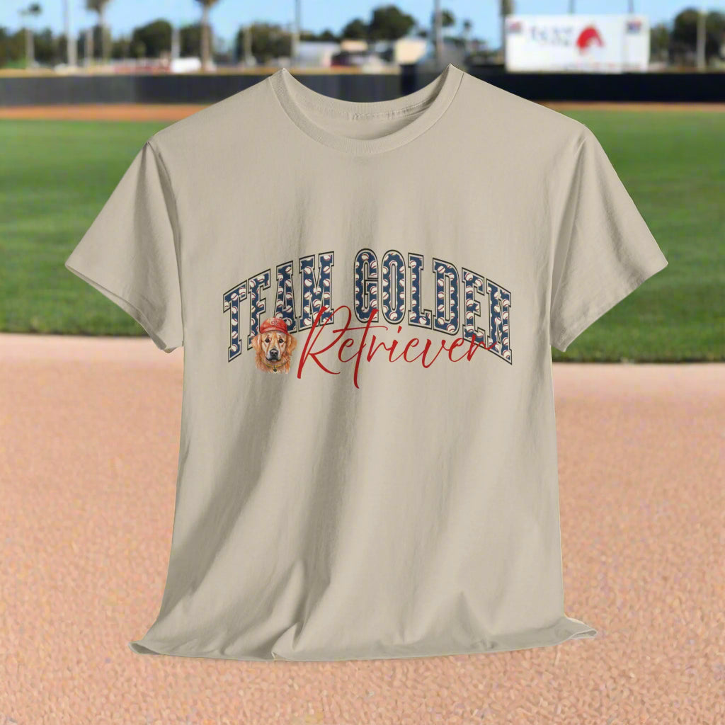 Sand t-shirt with 'My Golden Retriever' text and dog graphic on a white background