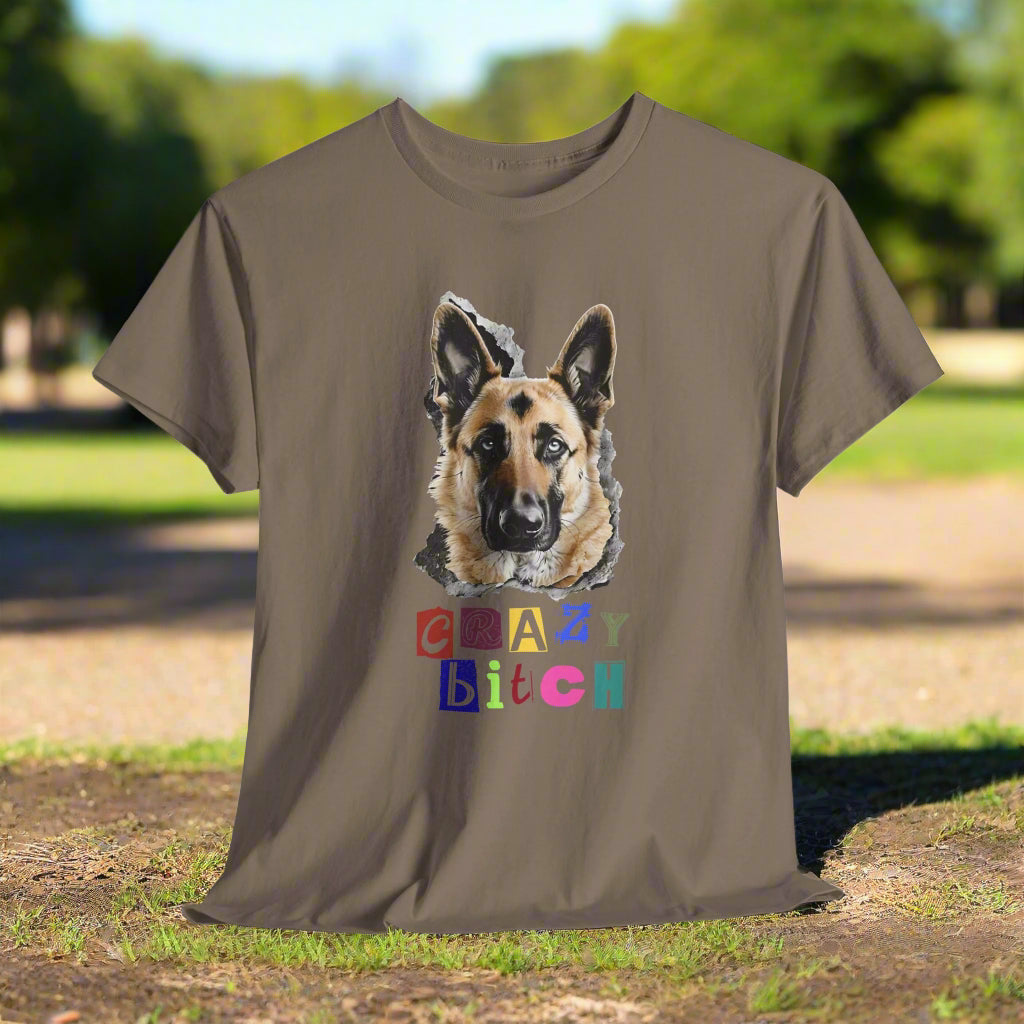 Brown t-shirt with a dog graphic and colorful text on a white background
