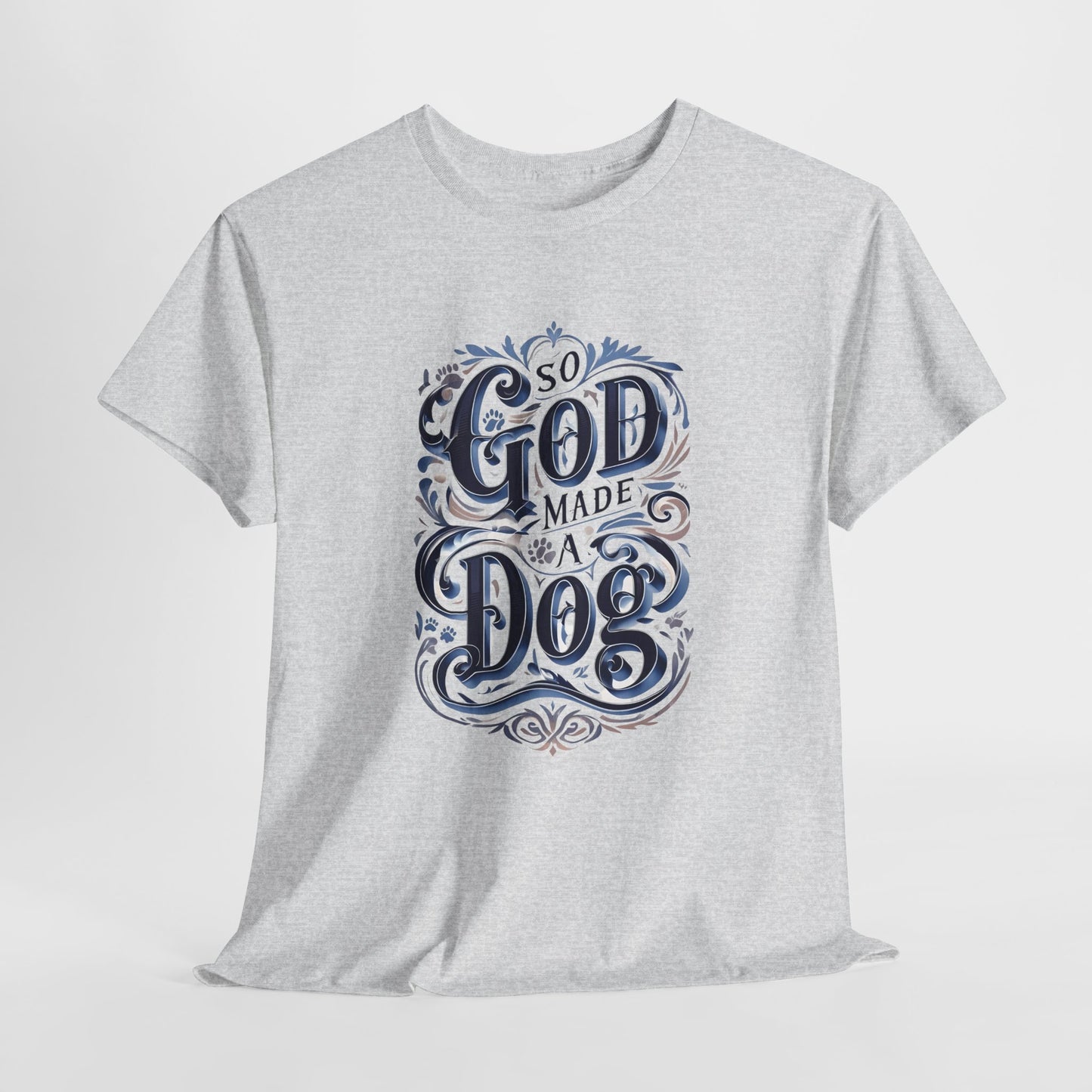 Ash t-shirt with blue and black graphic design on a white background