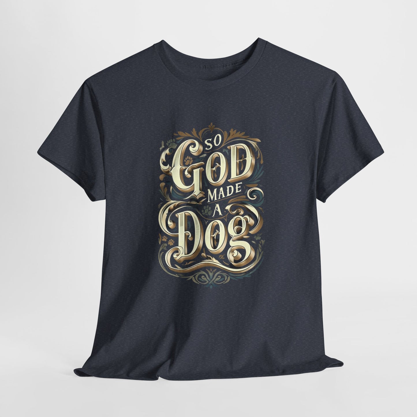 Heather Navy t-shirt with gold and white text design on a light gray background