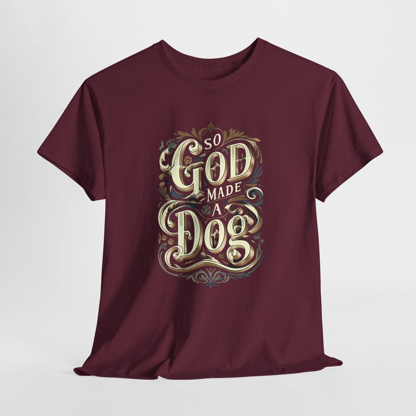Maroon t-shirt with decorative text design on a white background