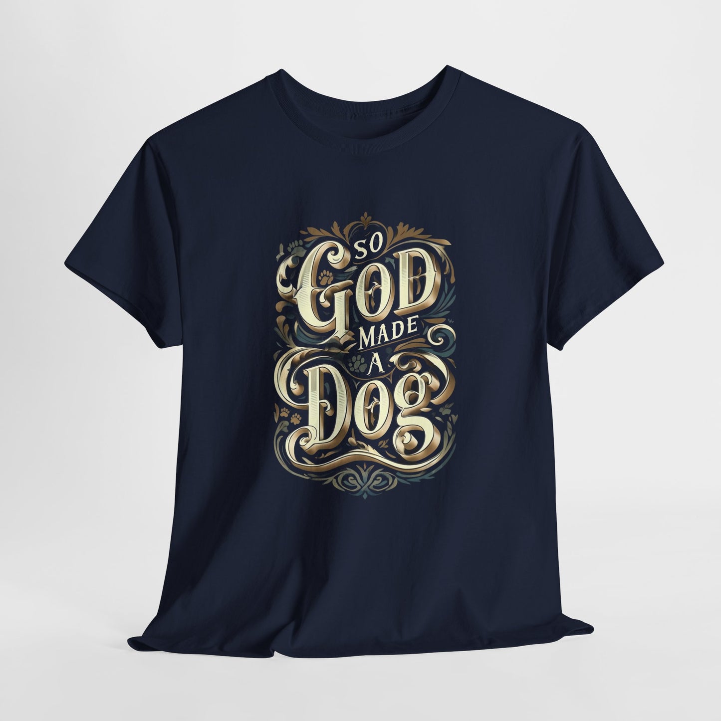 Navy blue t-shirt with decorative text design on a light gray background