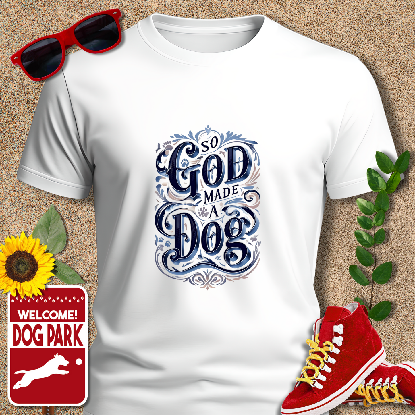 White t-shirt with 'So God Made a Dog' design, sunglasses, red sneakers, sunflower, and 'Welcome to the Dog Park' sign on a textured background.