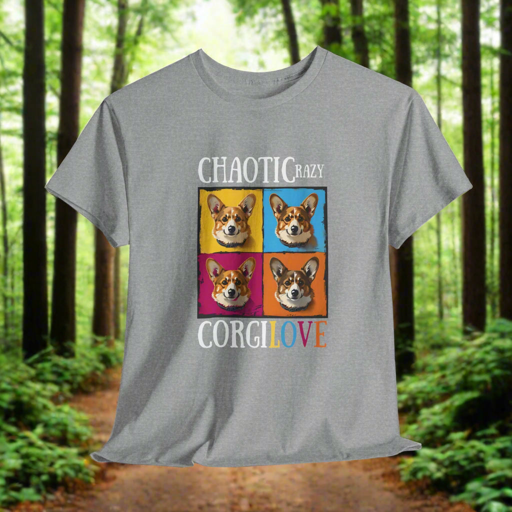 Sport Gray t-shirt with colorful corgi design and text on a white background