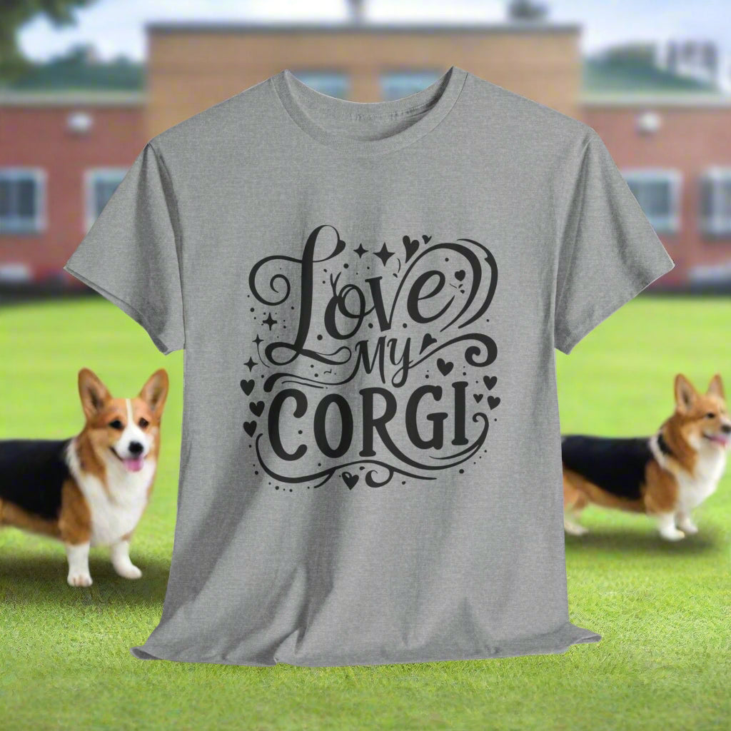 Sport Grey t-shirt with 'Love my Corgi' text on a white background