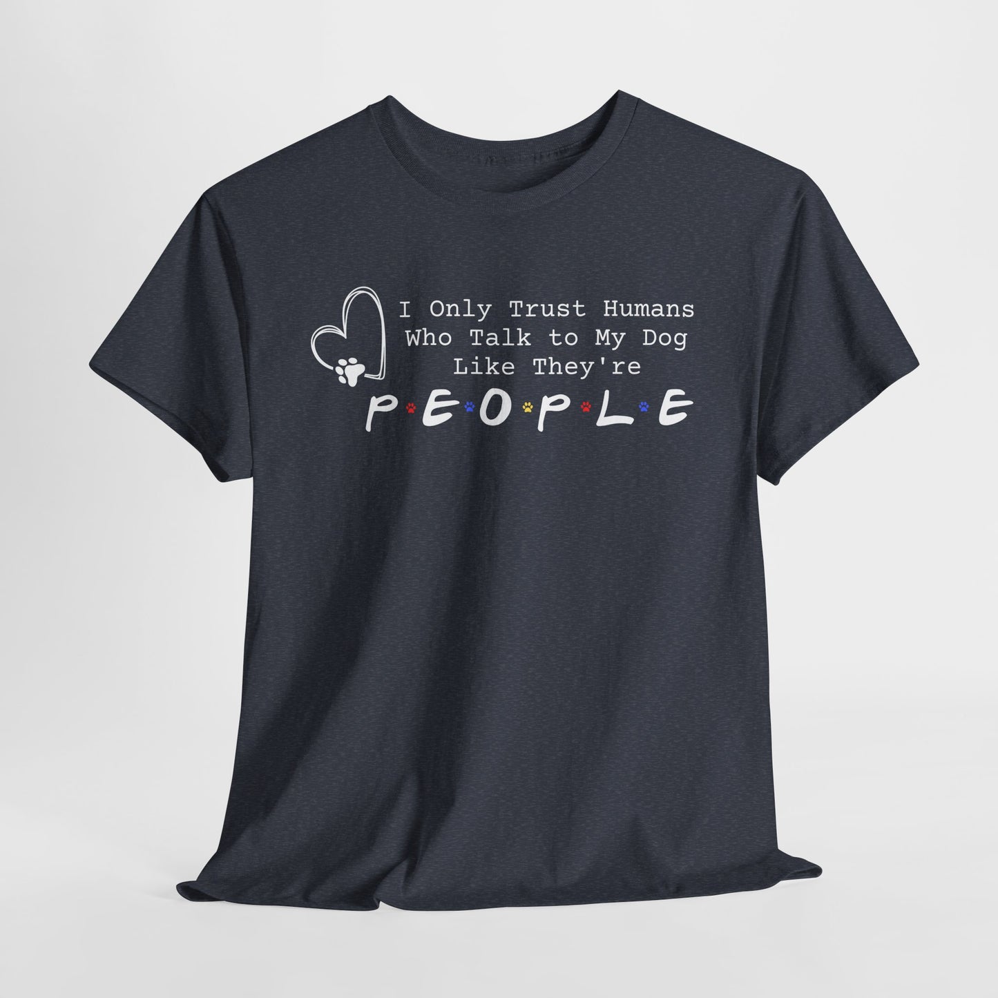 Heather Navy t-shirt with humorous text design on a light gray background