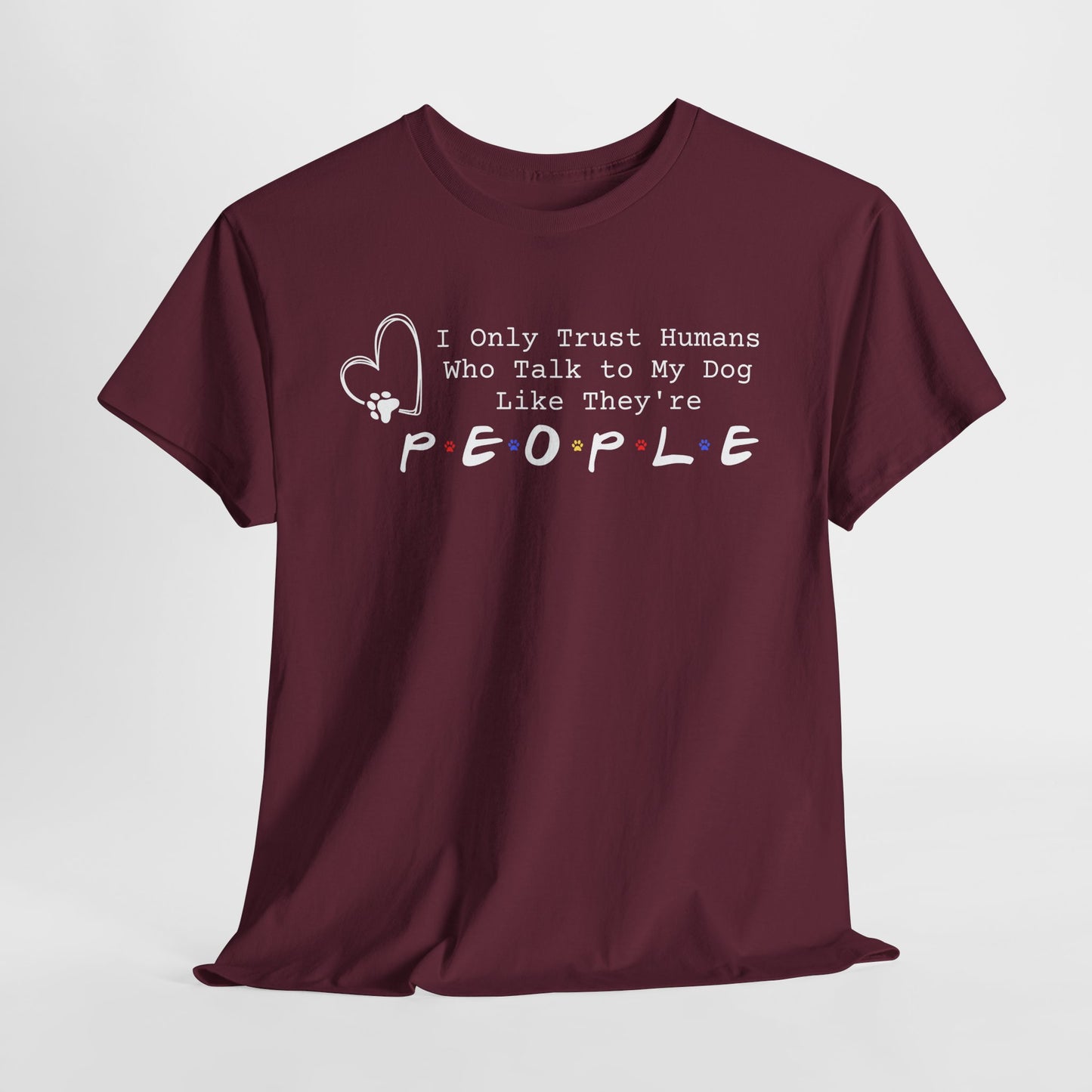Maroon t-shirt with humorous text design on a light gray background