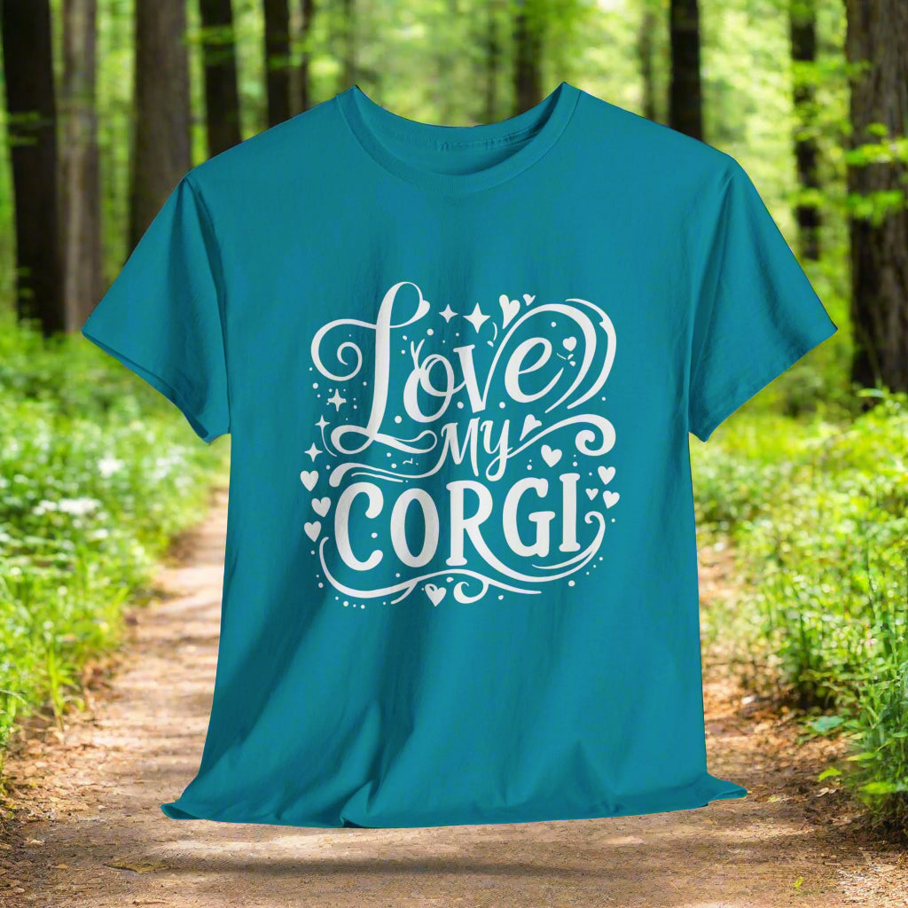 Tropical blue t-shirt with 'Love My Corgi' text on a light gray background