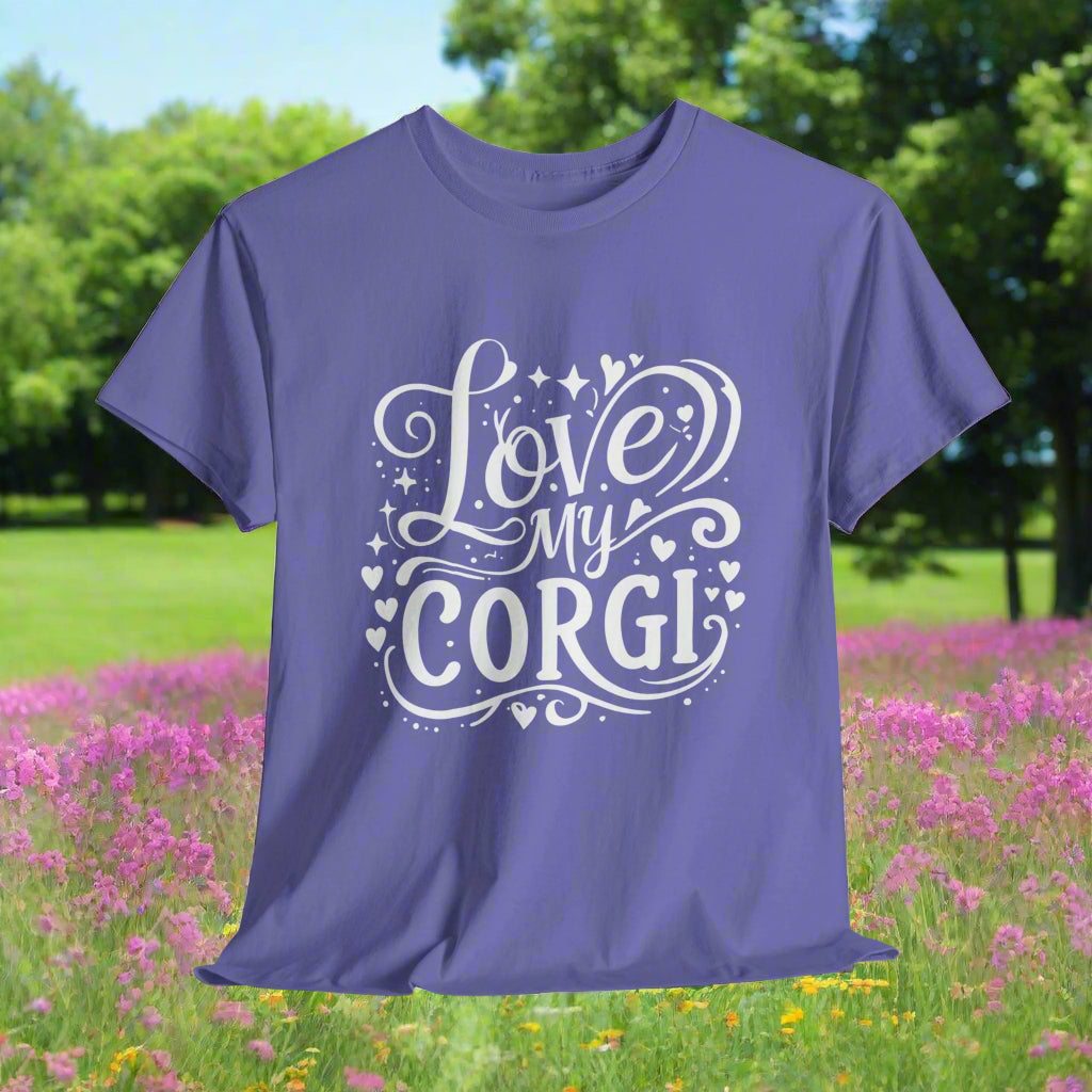 Violet t-shirt with 'Love My Corgi' text on a light gray background