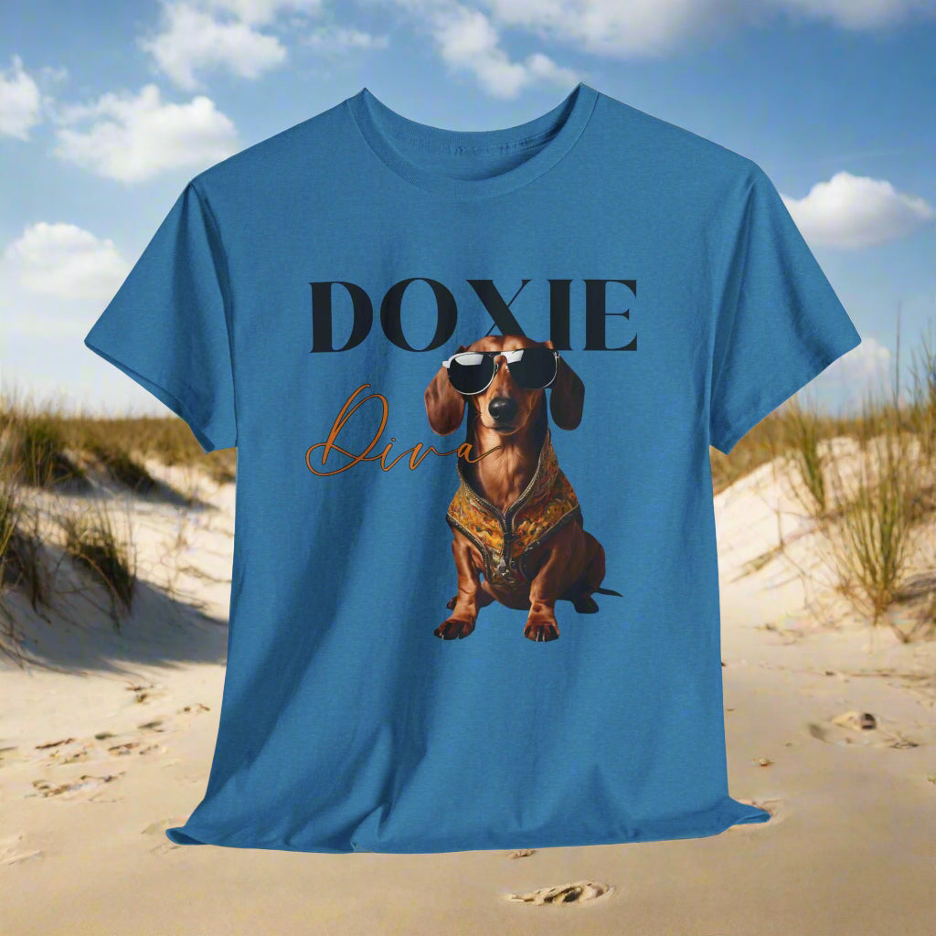 Weeniedog shirts with Doxie Diva Graphic in Blue Sapphire with a dachshund graphic and 'Doxie Diva' text\
