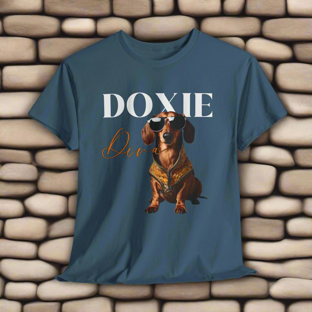 Weeniedog shirts with Doxie Diva Graphic in Indigo Blue with a dachshund graphic and 'DOXIE Diva' text