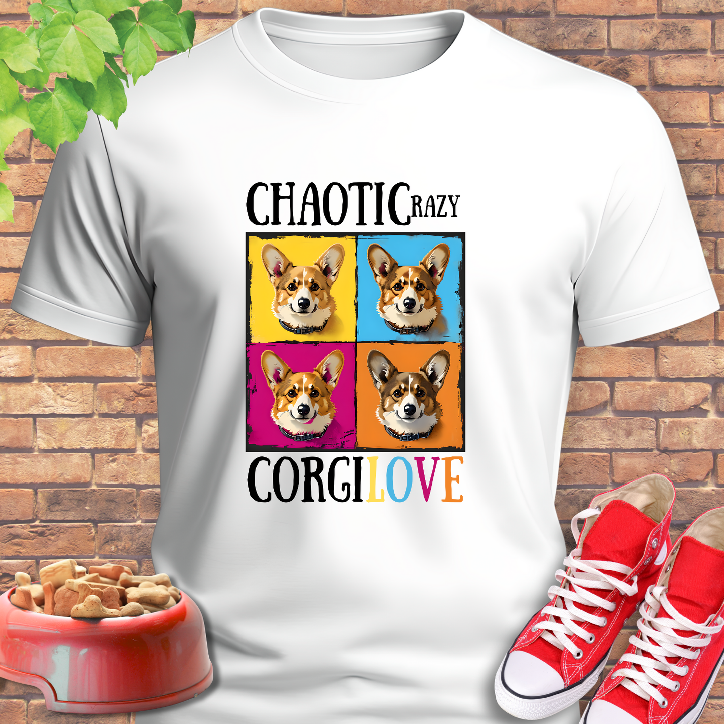 White t-shirt with colorful corgi design and text 'CHAOTICRAZY CORGI LOVE' on a brick background.