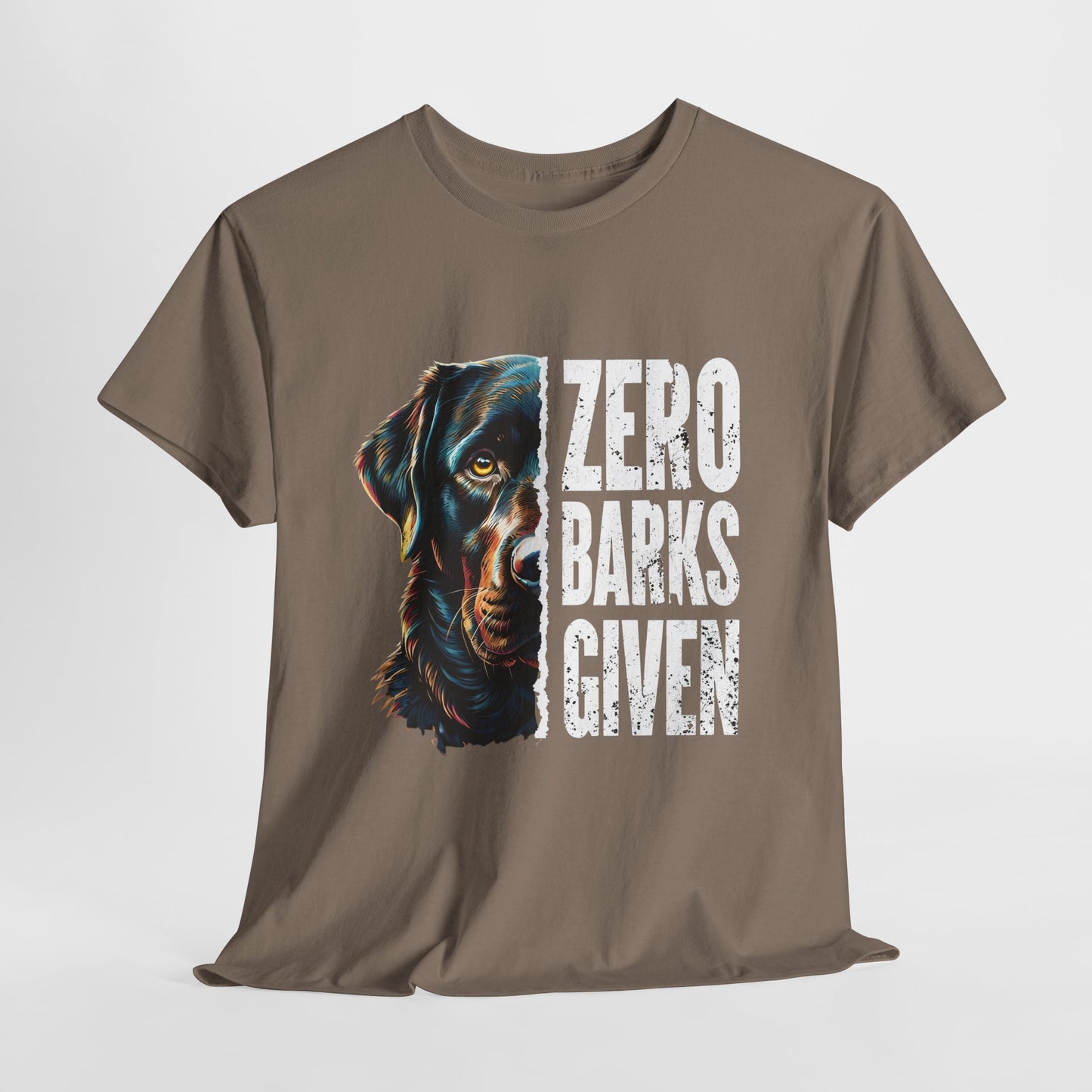 Zero-barks-crazydog t shirts in Brown Savana with a dog graphic and text 'Zero Barks Given' on a white background
