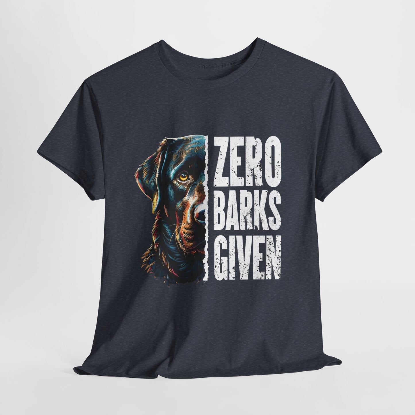 Zero-barks-crazydog t shirts in Heather Navy with a dog graphic and 'Zero Barks Given' text on a white background