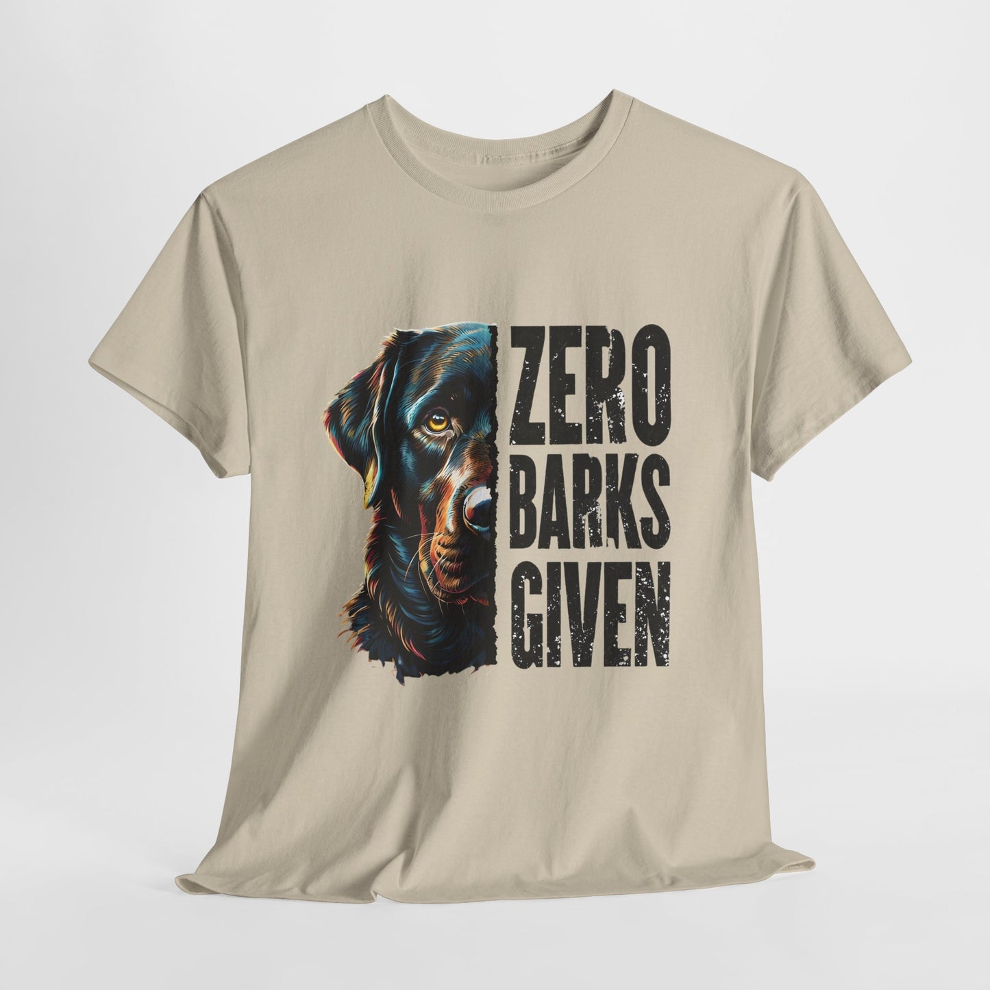 Zero-barks-crazydog t shirts in Sand with a dog graphic and 'Zero Barks Given' text on a white background