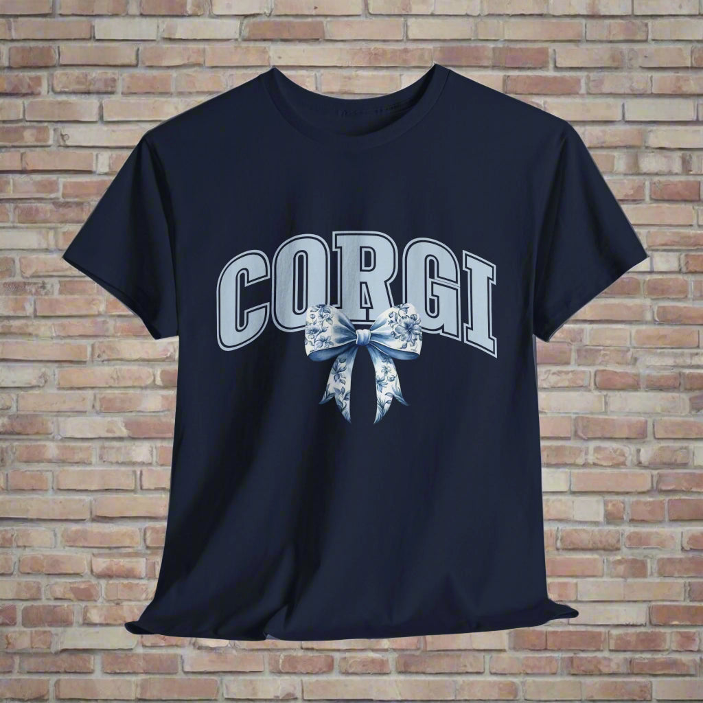 corgi shirt with varsity letters and bow in navy