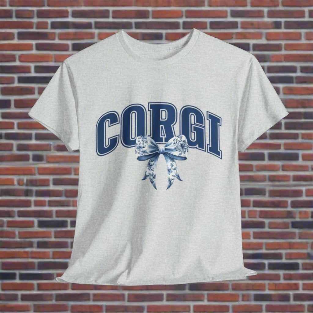 corgi shirt with varsity letters and bow in ash