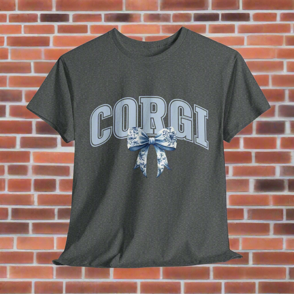 corgi shirt with varsity letters and bow in dark heather