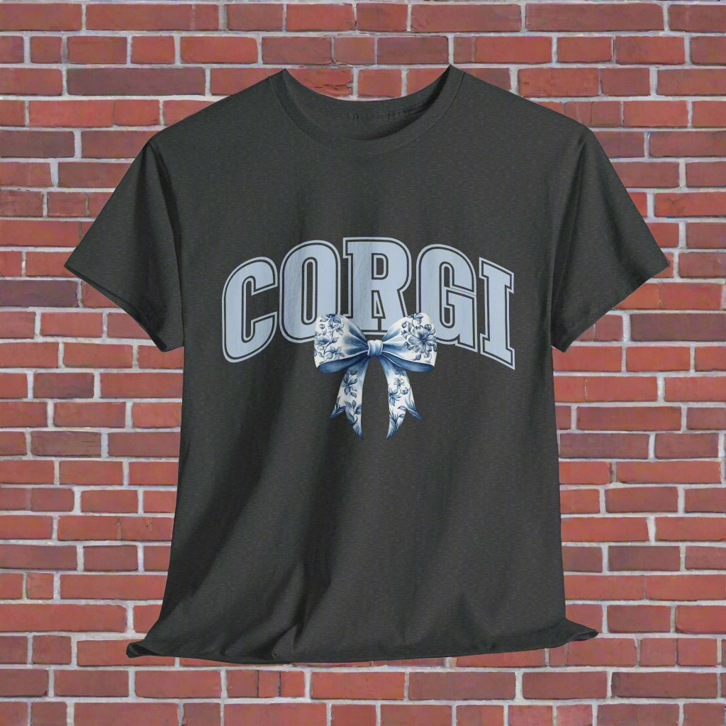 corgi shirt with varsity letters and bow in graphite heather