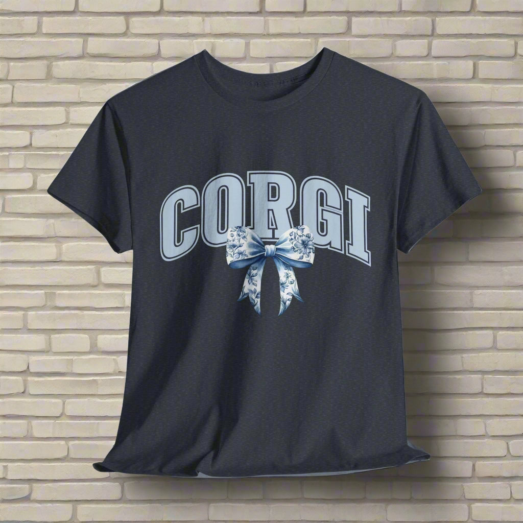 corgi shirt with varsity letters and bow in heather navy