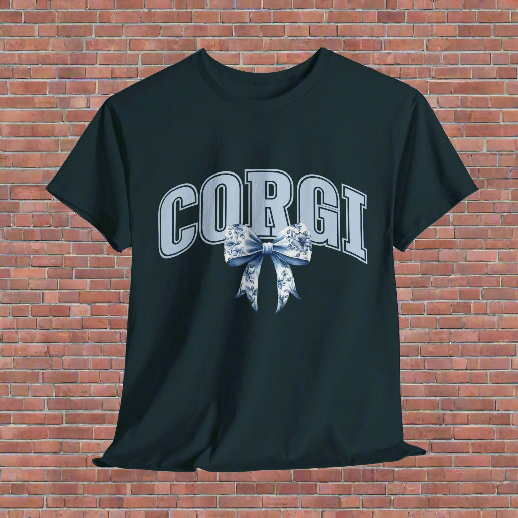 corgi shirt with varsity letters and bow in midnight