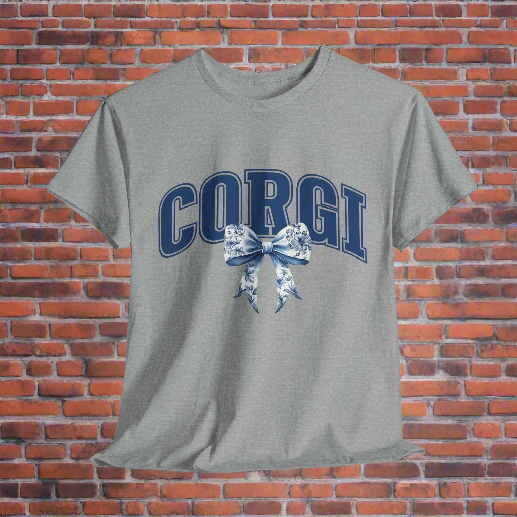 corgi shirt with varsity letters and bow in
