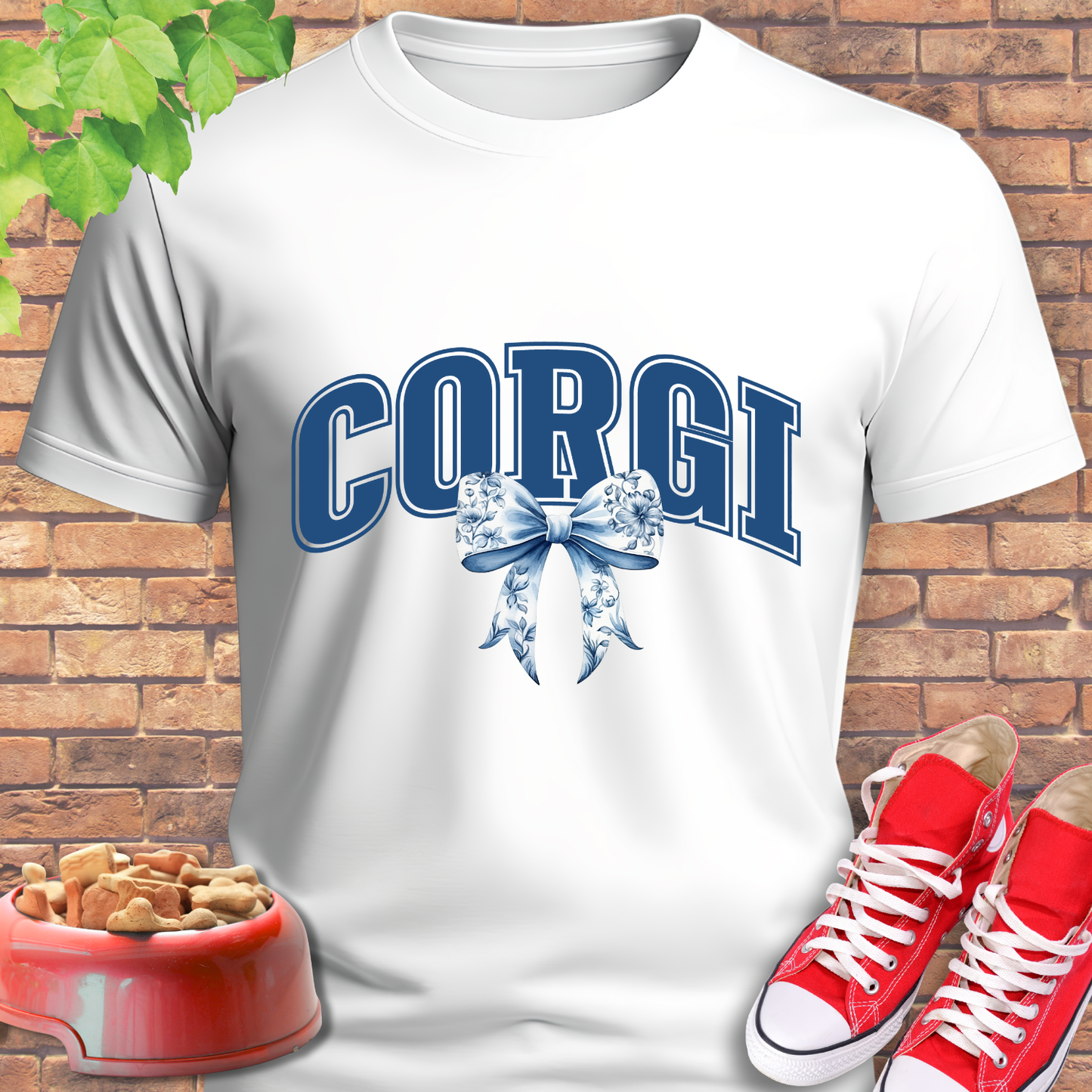 corgi shirt with varsity letters and bow in white