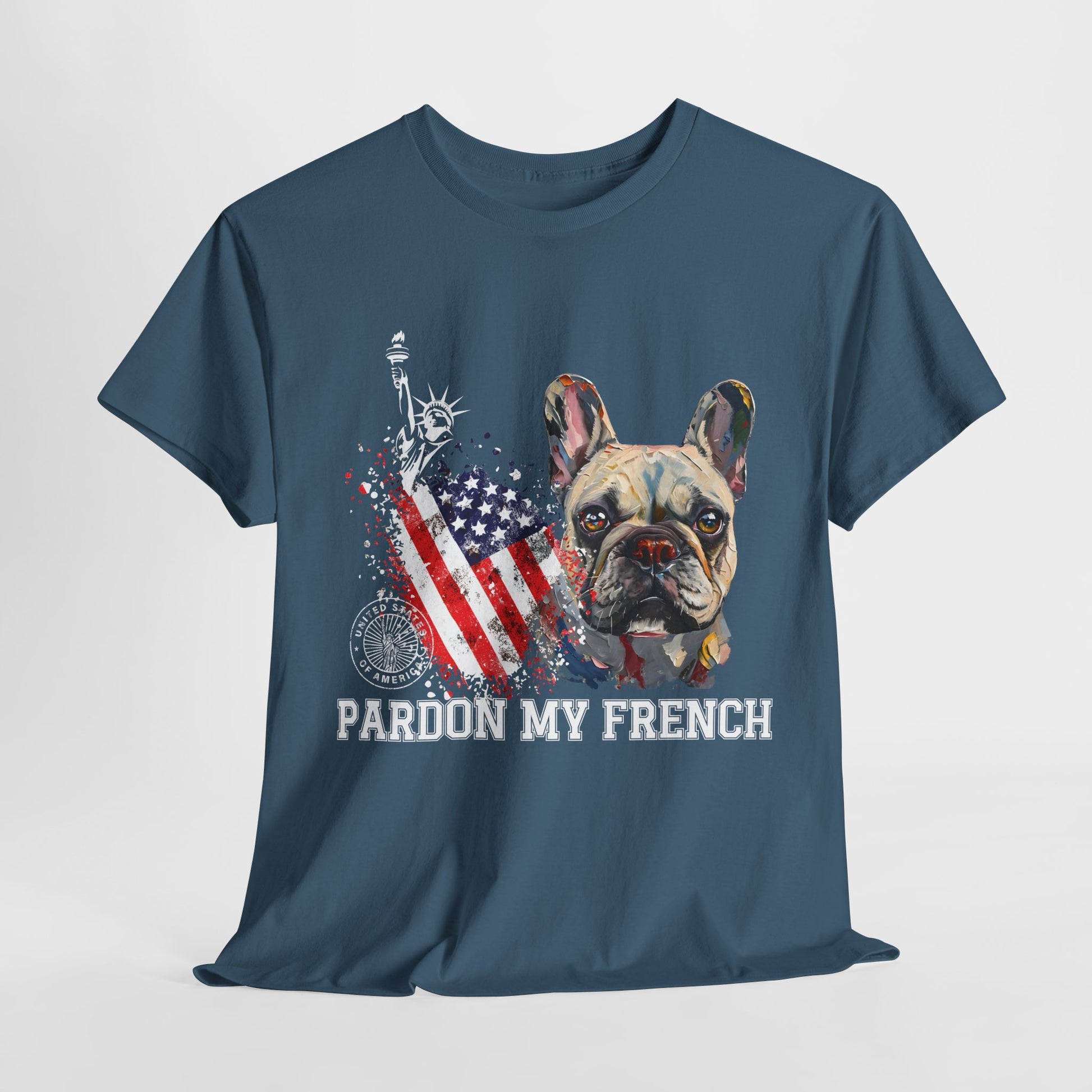 Blue t-shirt with a graphic of a dog, American flag, and 'Pardon My French' text on a white background