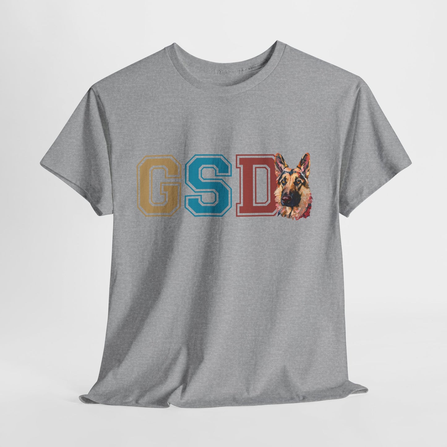 Gray t-shirt with a German Shepherd graphic and 'GSD' letters on a white background