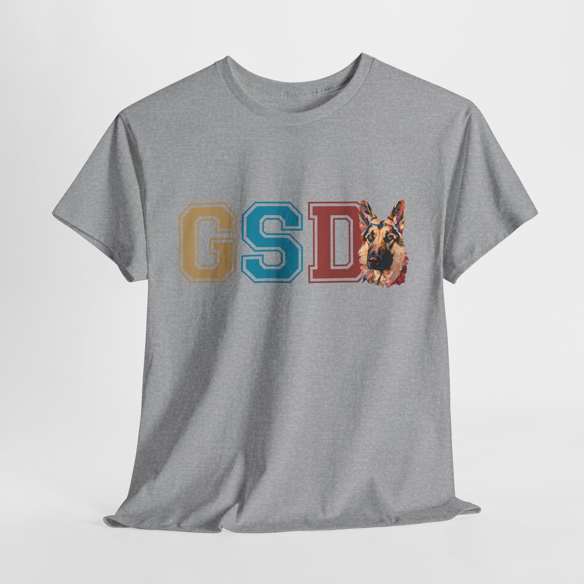 Gray t-shirt with a German Shepherd graphic and 'GSD' letters on a white background