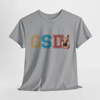 Gray t-shirt with a German Shepherd graphic and 'GSD' letters on a white background