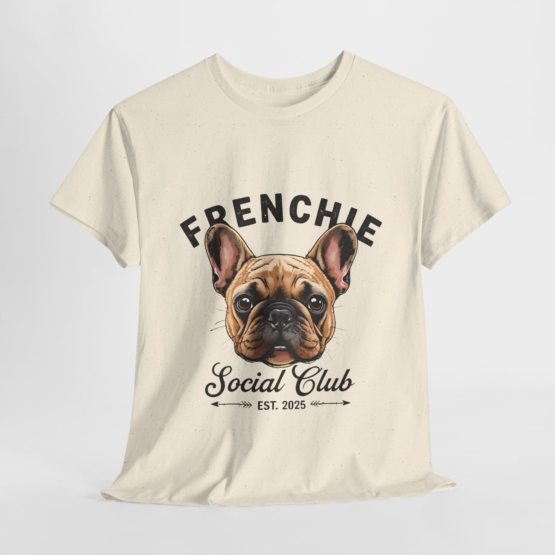Beige t-shirt with a graphic of a French Bulldog and text 'FRENCHIE Social Club EST. 2025' on a white background