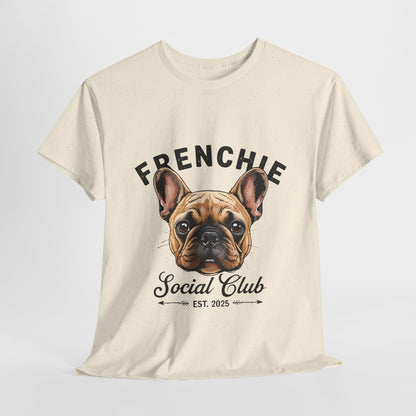 Beige t-shirt with a graphic of a French Bulldog and text 'FRENCHIE Social Club EST. 2025' on a white background