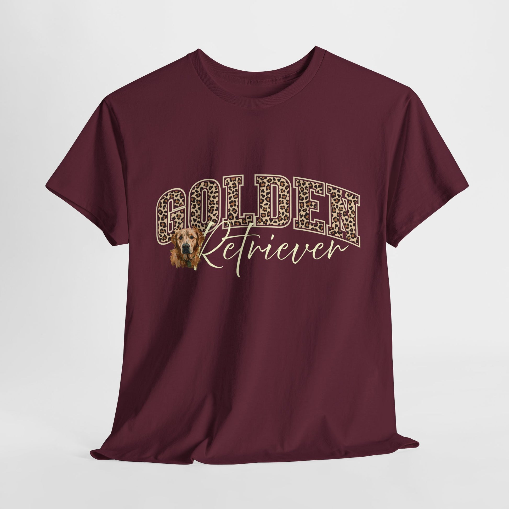 Maroon t-shirt with 'Golden Retriever' text and dog graphic on a white background