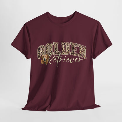 Maroon t-shirt with 'Golden Retriever' text and dog graphic on a white background