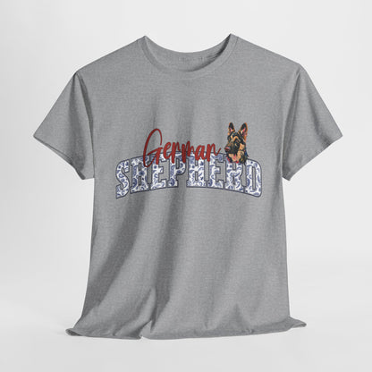 Gray t-shirt with 'German Shepherd' text and dog graphic on a white background