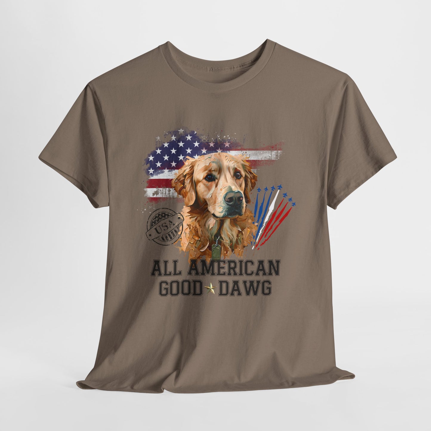 Brown t-shirt with a dog graphic and 'All American Good Dawg' text on a white background