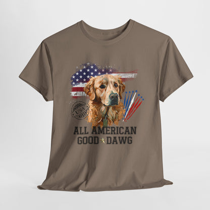 Brown t-shirt with a dog graphic and 'All American Good Dawg' text on a white background