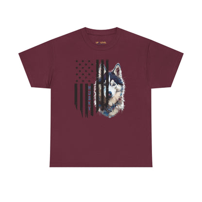 Maroon t-shirt with a wolf graphic and American flag design on a white background