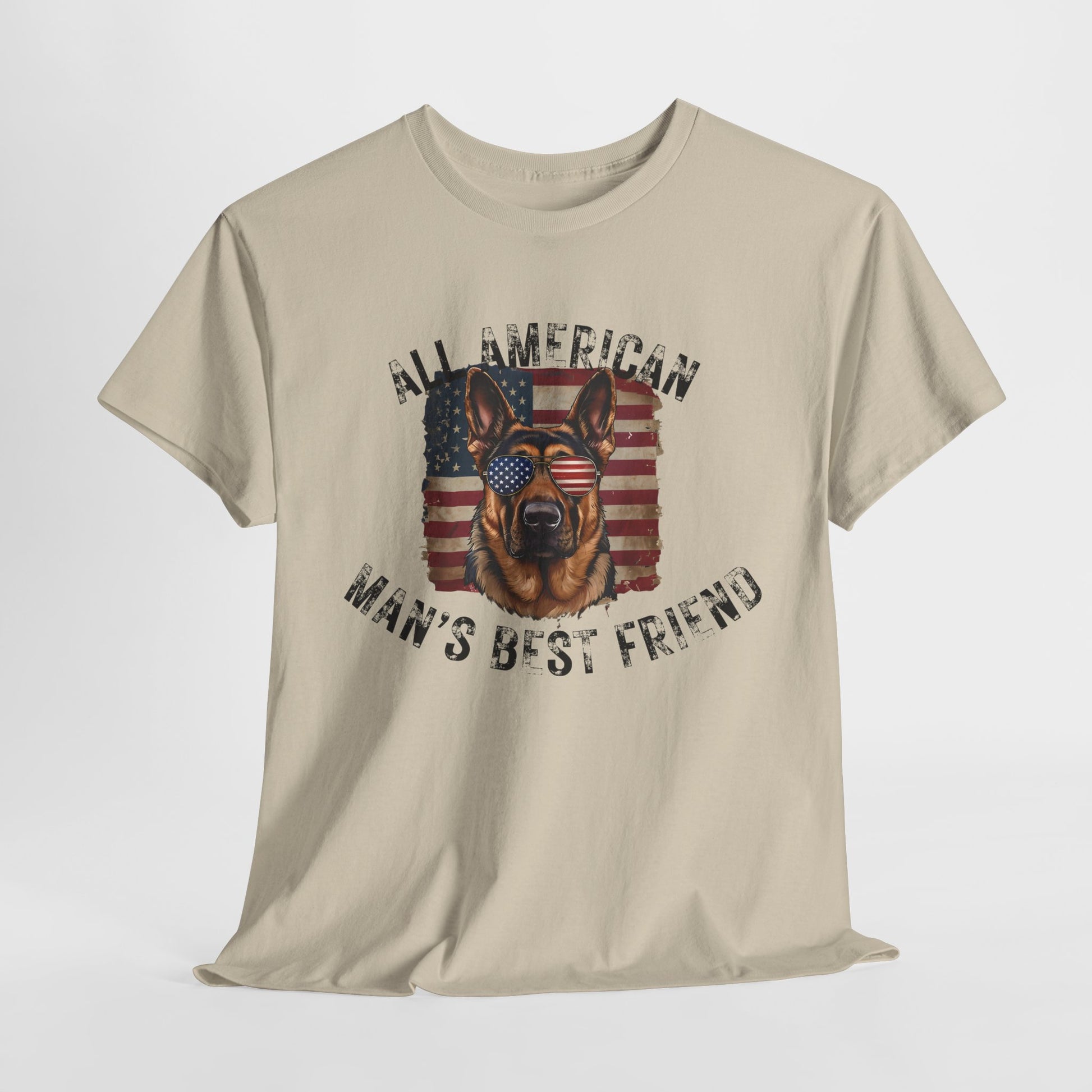 Beige t-shirt with a graphic of a dog and text 'All American Man's Best Friend' on a white background
