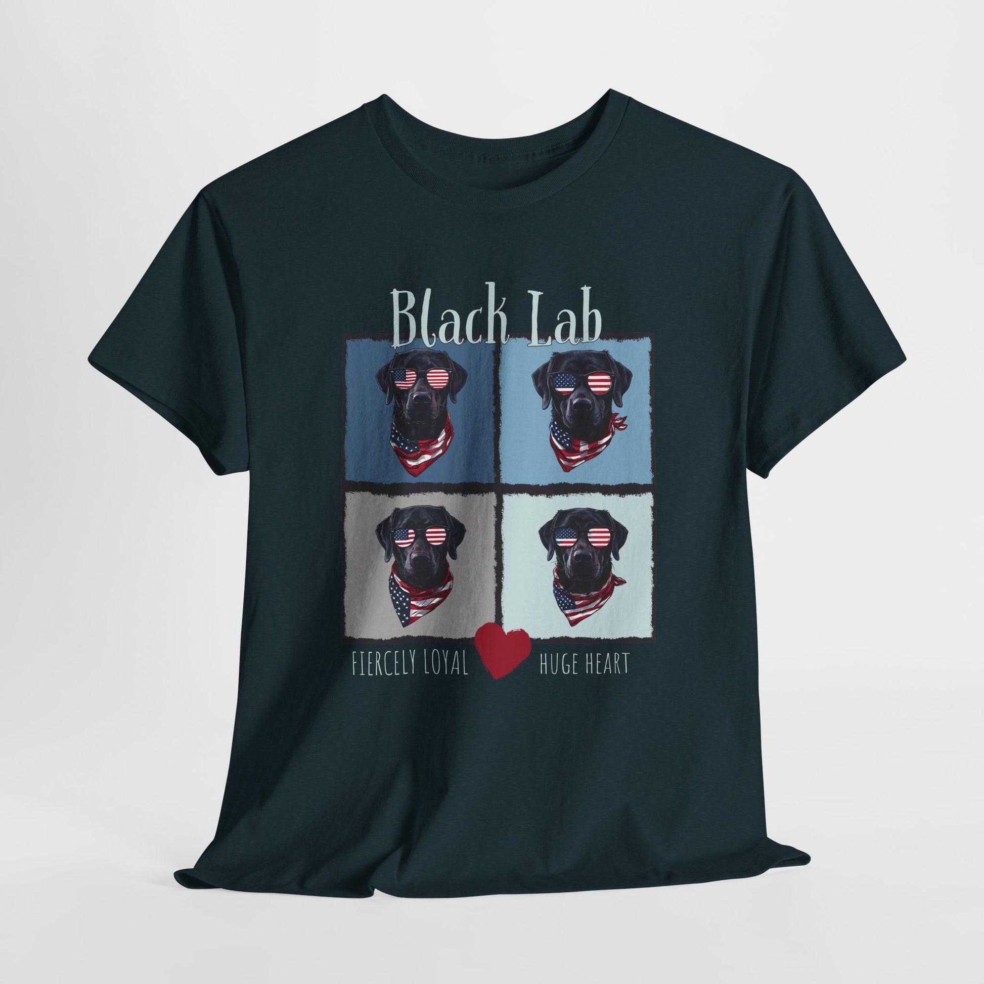 Black t-shirt with a graphic of a black labrador retriever and text on a white background