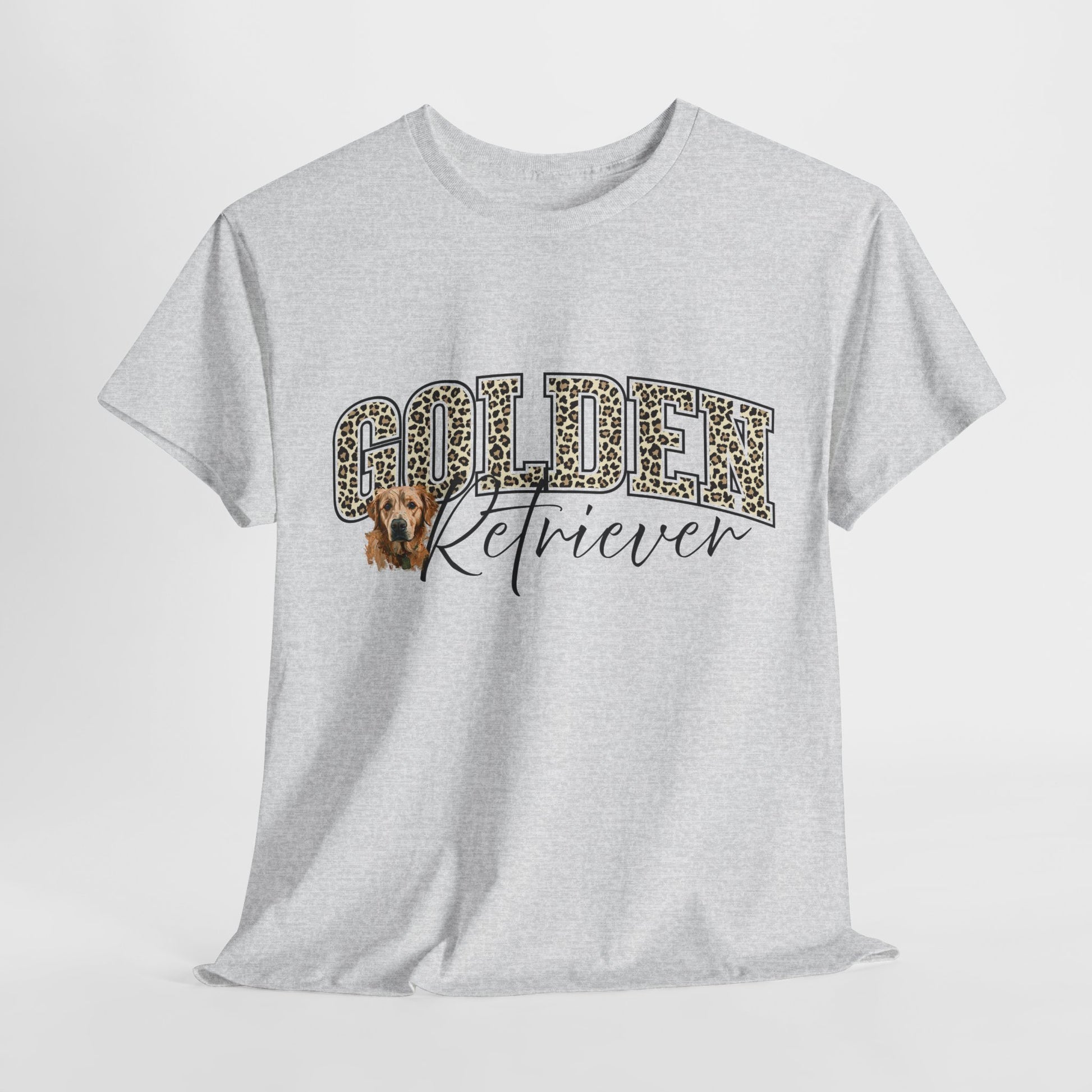 Gray t-shirt with 'Golden Retriever' text and dog graphic on a white background