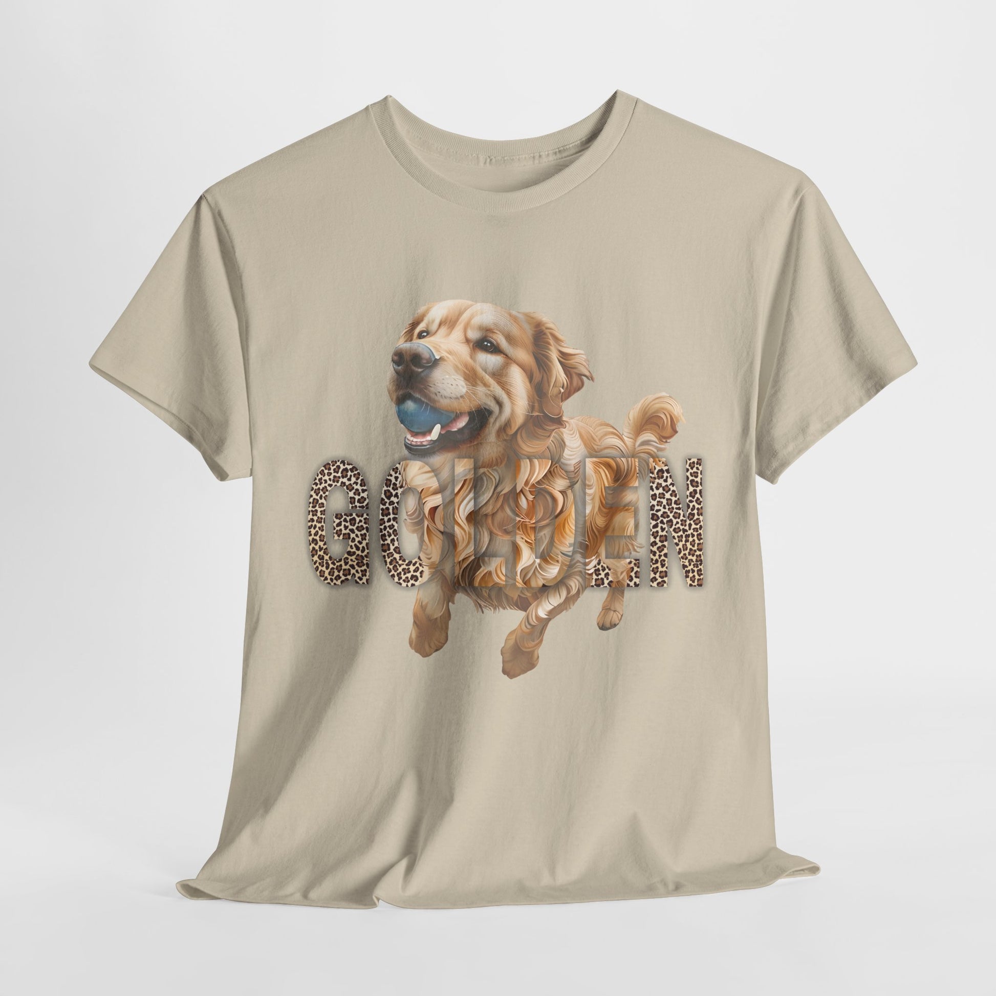 Beige t-shirt with a graphic of a golden retriever and 'GUDE' text on a white background