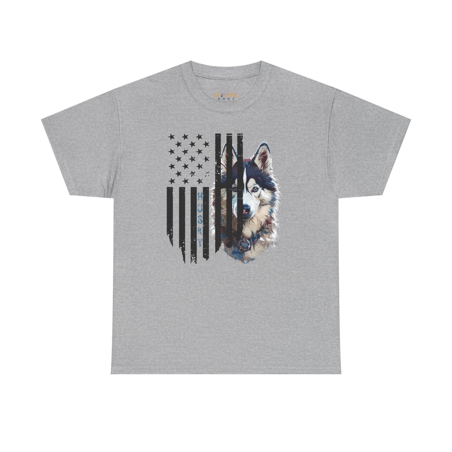 Gray t-shirt with a dog graphic and American flag design on a white background