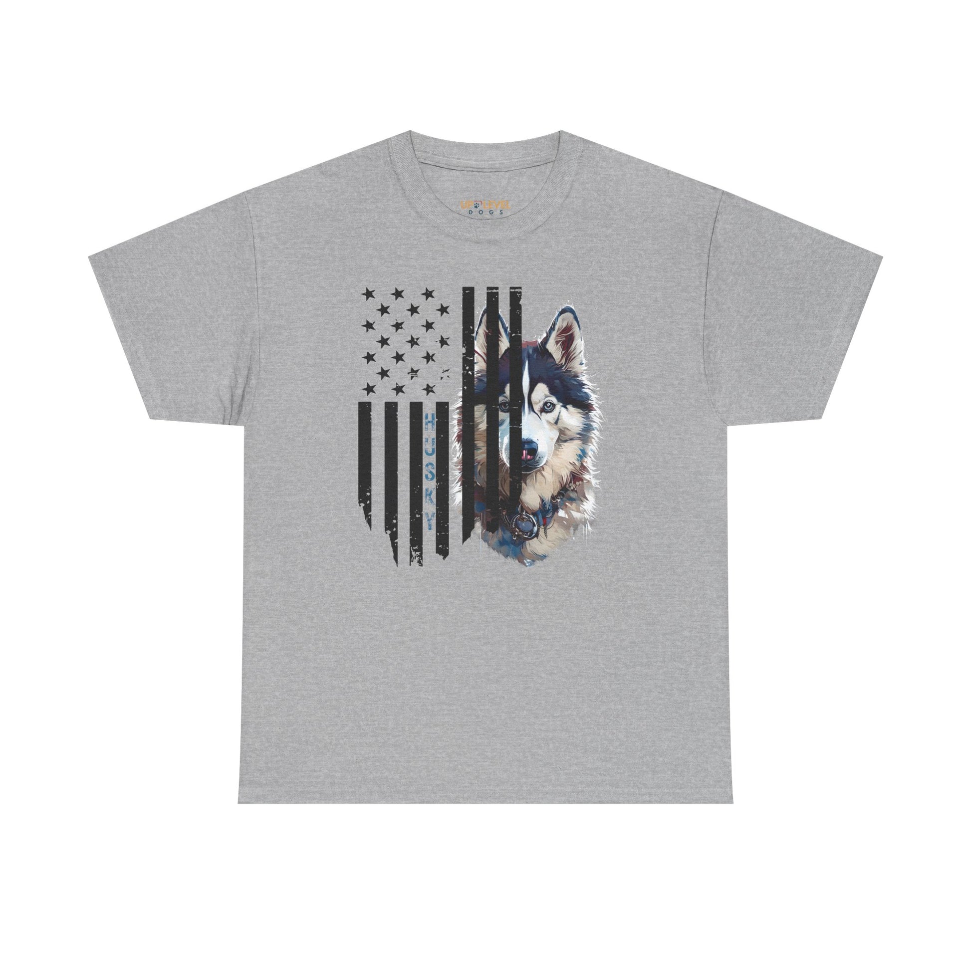 Gray t-shirt with a dog graphic and American flag design on a white background