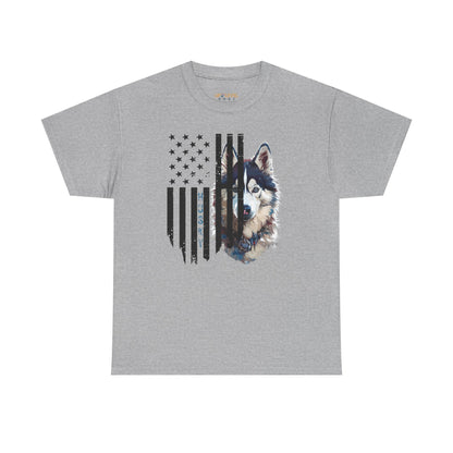 Gray t-shirt with a dog graphic and American flag design on a white background